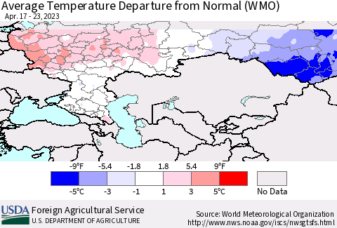 Russian Federation Average Temperature Departure from Normal (WMO) Thematic Map For 4/17/2023 - 4/23/2023