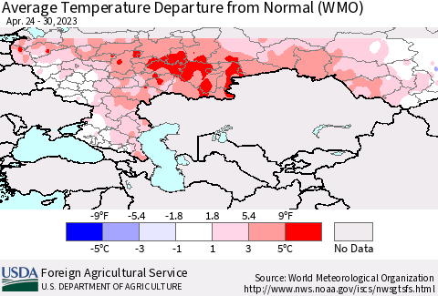 Russian Federation Average Temperature Departure from Normal (WMO) Thematic Map For 4/24/2023 - 4/30/2023
