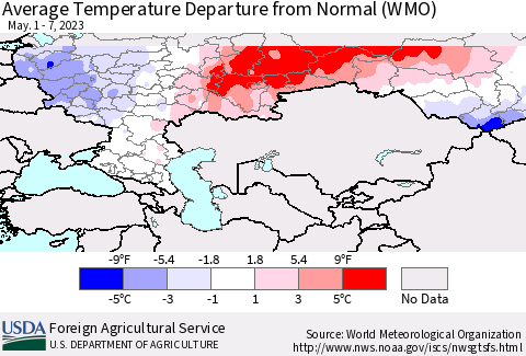 Russian Federation Average Temperature Departure from Normal (WMO) Thematic Map For 5/1/2023 - 5/7/2023