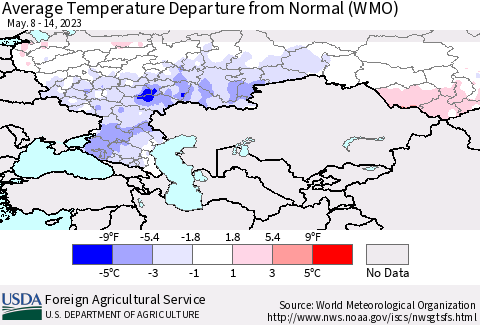 Russian Federation Average Temperature Departure from Normal (WMO) Thematic Map For 5/8/2023 - 5/14/2023