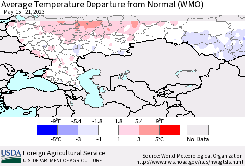 Russian Federation Average Temperature Departure from Normal (WMO) Thematic Map For 5/15/2023 - 5/21/2023