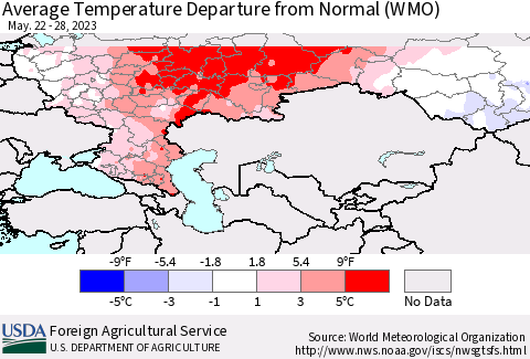 Russian Federation Average Temperature Departure from Normal (WMO) Thematic Map For 5/22/2023 - 5/28/2023