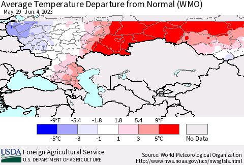 Russian Federation Average Temperature Departure from Normal (WMO) Thematic Map For 5/29/2023 - 6/4/2023