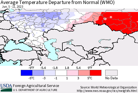 Russian Federation Average Temperature Departure from Normal (WMO) Thematic Map For 6/5/2023 - 6/11/2023