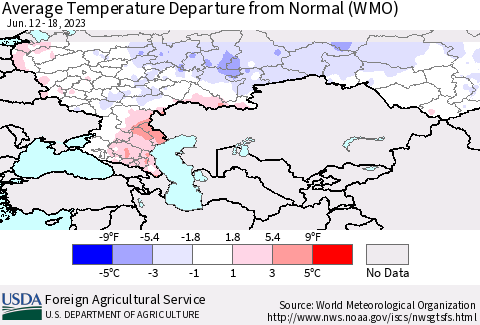 Russian Federation Average Temperature Departure from Normal (WMO) Thematic Map For 6/12/2023 - 6/18/2023