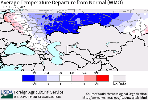 Russian Federation Average Temperature Departure from Normal (WMO) Thematic Map For 6/19/2023 - 6/25/2023