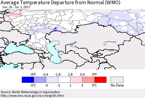Russian Federation Average Temperature Departure from Normal (WMO) Thematic Map For 6/26/2023 - 7/2/2023
