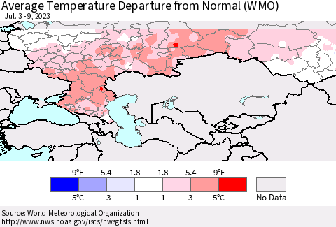 Russian Federation Average Temperature Departure from Normal (WMO) Thematic Map For 7/3/2023 - 7/9/2023