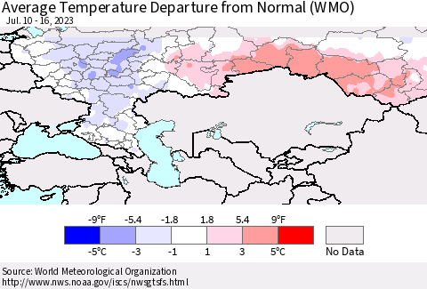 Russian Federation Average Temperature Departure from Normal (WMO) Thematic Map For 7/10/2023 - 7/16/2023