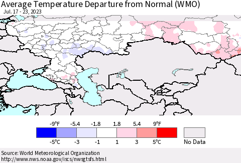 Russian Federation Average Temperature Departure from Normal (WMO) Thematic Map For 7/17/2023 - 7/23/2023