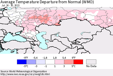Russian Federation Average Temperature Departure from Normal (WMO) Thematic Map For 7/24/2023 - 7/30/2023