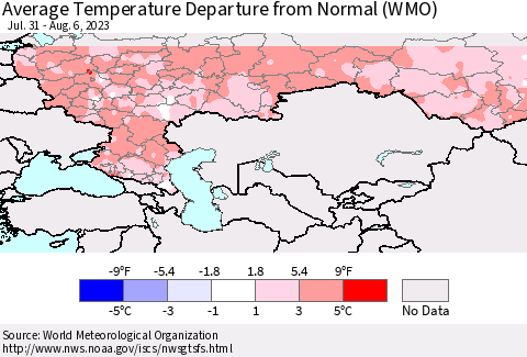 Russian Federation Average Temperature Departure from Normal (WMO) Thematic Map For 7/31/2023 - 8/6/2023