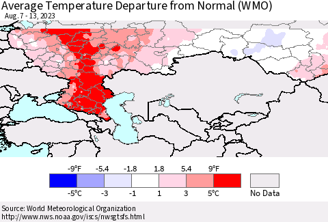 Russian Federation Average Temperature Departure from Normal (WMO) Thematic Map For 8/7/2023 - 8/13/2023