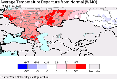 Russian Federation Average Temperature Departure from Normal (WMO) Thematic Map For 8/14/2023 - 8/20/2023