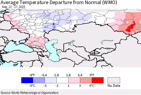 Russian Federation Average Temperature Departure from Normal (WMO) Thematic Map For 8/21/2023 - 8/27/2023