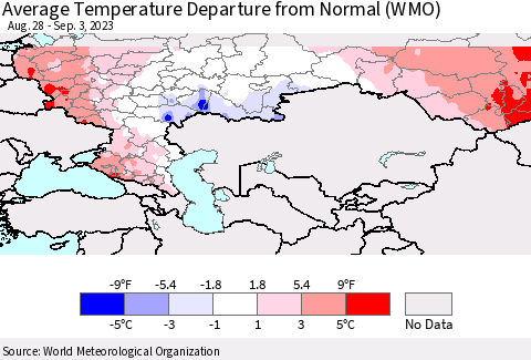 Russian Federation Average Temperature Departure from Normal (WMO) Thematic Map For 8/28/2023 - 9/3/2023