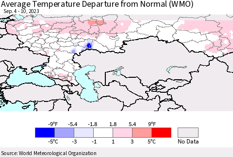 Russian Federation Average Temperature Departure from Normal (WMO) Thematic Map For 9/4/2023 - 9/10/2023