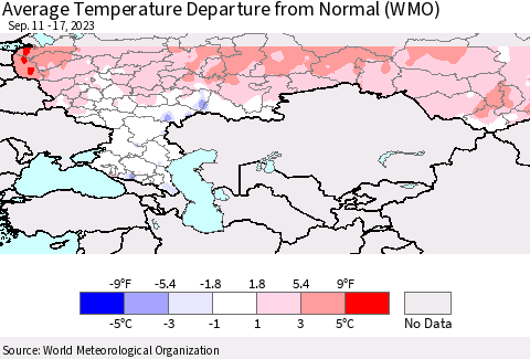 Russian Federation Average Temperature Departure from Normal (WMO) Thematic Map For 9/11/2023 - 9/17/2023