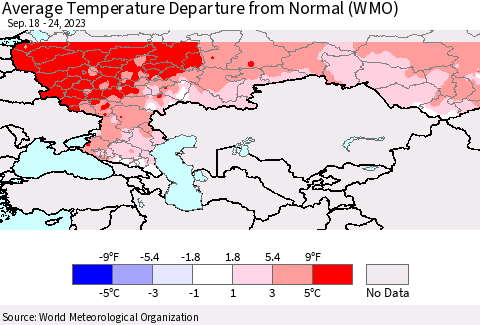 Russian Federation Average Temperature Departure from Normal (WMO) Thematic Map For 9/18/2023 - 9/24/2023
