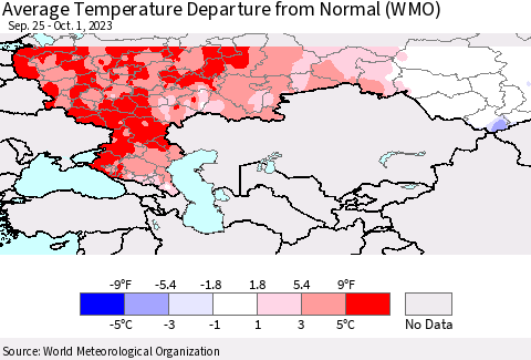 Russian Federation Average Temperature Departure from Normal (WMO) Thematic Map For 9/25/2023 - 10/1/2023