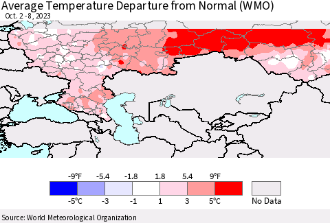 Russian Federation Average Temperature Departure from Normal (WMO) Thematic Map For 10/2/2023 - 10/8/2023