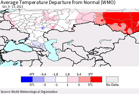 Russian Federation Average Temperature Departure from Normal (WMO) Thematic Map For 10/9/2023 - 10/15/2023