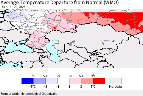 Russian Federation Average Temperature Departure from Normal (WMO) Thematic Map For 10/16/2023 - 10/22/2023