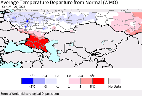 Russian Federation Average Temperature Departure from Normal (WMO) Thematic Map For 10/23/2023 - 10/29/2023