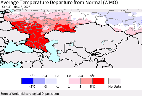 Russian Federation Average Temperature Departure from Normal (WMO) Thematic Map For 10/30/2023 - 11/5/2023