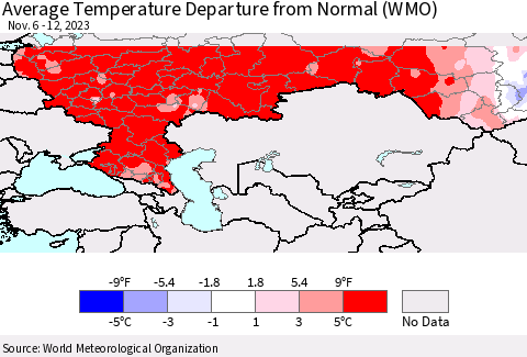 Russian Federation Average Temperature Departure from Normal (WMO) Thematic Map For 11/6/2023 - 11/12/2023
