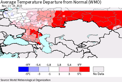 Russian Federation Average Temperature Departure from Normal (WMO) Thematic Map For 11/13/2023 - 11/19/2023