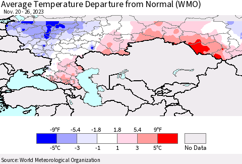 Russian Federation Average Temperature Departure from Normal (WMO) Thematic Map For 11/20/2023 - 11/26/2023