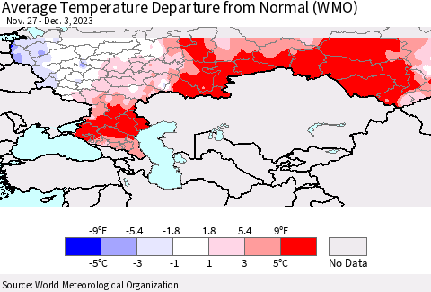 Russian Federation Average Temperature Departure from Normal (WMO) Thematic Map For 11/27/2023 - 12/3/2023
