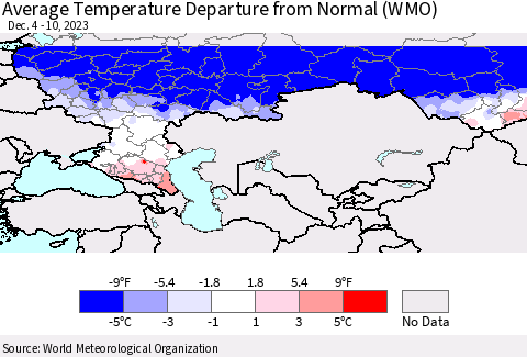 Russian Federation Average Temperature Departure from Normal (WMO) Thematic Map For 12/4/2023 - 12/10/2023