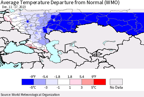 Russian Federation Average Temperature Departure from Normal (WMO) Thematic Map For 12/11/2023 - 12/17/2023