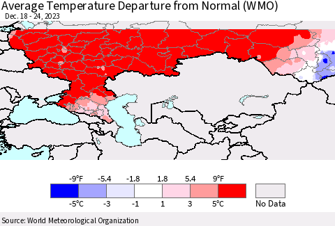 Russian Federation Average Temperature Departure from Normal (WMO) Thematic Map For 12/18/2023 - 12/24/2023