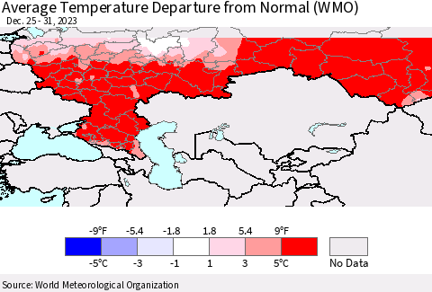 Russian Federation Average Temperature Departure from Normal (WMO) Thematic Map For 12/25/2023 - 12/31/2023