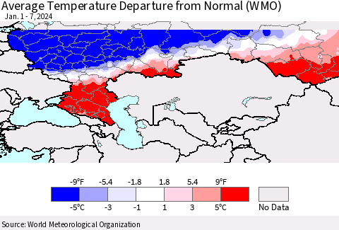 Russian Federation Average Temperature Departure from Normal (WMO) Thematic Map For 1/1/2024 - 1/7/2024