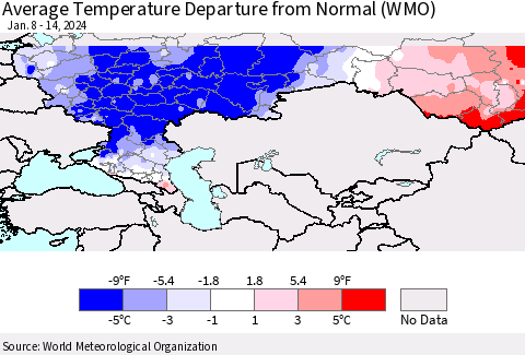 Russian Federation Average Temperature Departure from Normal (WMO) Thematic Map For 1/8/2024 - 1/14/2024