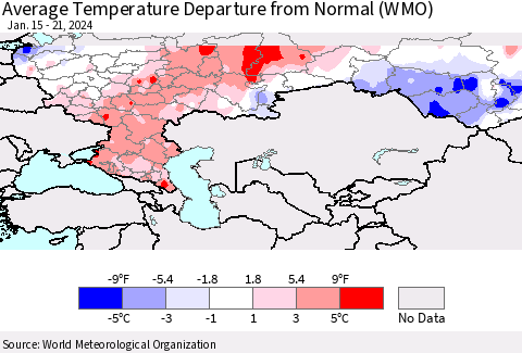 Russian Federation Average Temperature Departure from Normal (WMO) Thematic Map For 1/15/2024 - 1/21/2024
