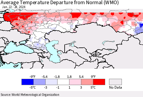 Russian Federation Average Temperature Departure from Normal (WMO) Thematic Map For 1/22/2024 - 1/28/2024
