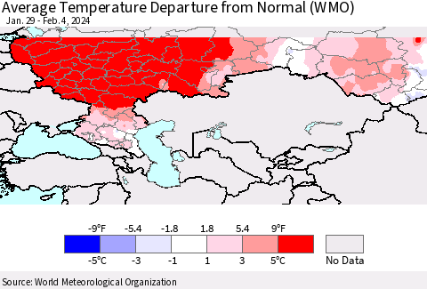 Russian Federation Average Temperature Departure from Normal (WMO) Thematic Map For 1/29/2024 - 2/4/2024