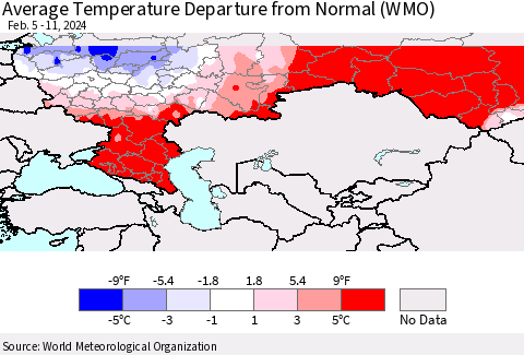 Russian Federation Average Temperature Departure from Normal (WMO) Thematic Map For 2/5/2024 - 2/11/2024