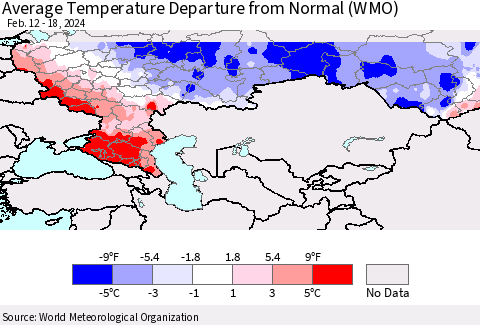 Russian Federation Average Temperature Departure from Normal (WMO) Thematic Map For 2/12/2024 - 2/18/2024