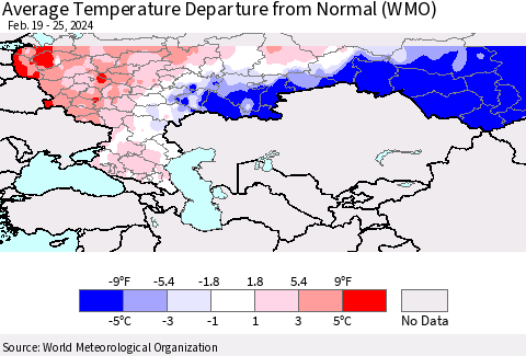 Russian Federation Average Temperature Departure from Normal (WMO) Thematic Map For 2/19/2024 - 2/25/2024