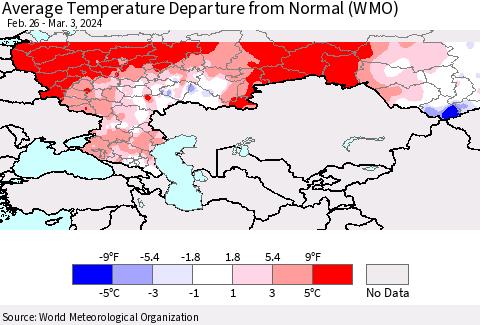 Russian Federation Average Temperature Departure from Normal (WMO) Thematic Map For 2/26/2024 - 3/3/2024