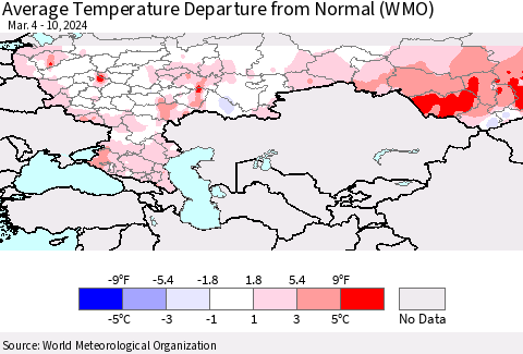Russian Federation Average Temperature Departure from Normal (WMO) Thematic Map For 3/4/2024 - 3/10/2024