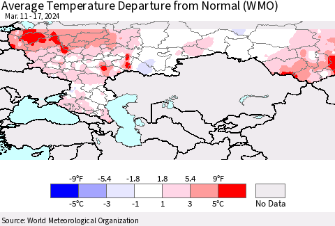 Russian Federation Average Temperature Departure from Normal (WMO) Thematic Map For 3/11/2024 - 3/17/2024