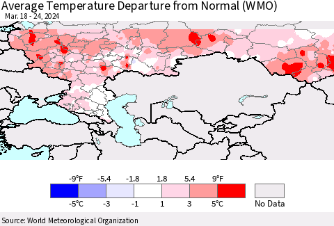 Russian Federation Average Temperature Departure from Normal (WMO) Thematic Map For 3/18/2024 - 3/24/2024