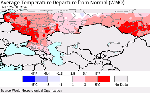 Russian Federation Average Temperature Departure from Normal (WMO) Thematic Map For 3/25/2024 - 3/31/2024